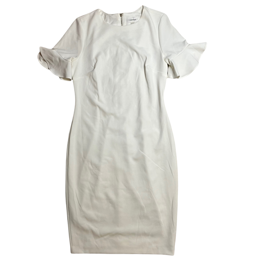 Calvin Klein white midi dress with short ruffle sleeve crew neck semiformal 4